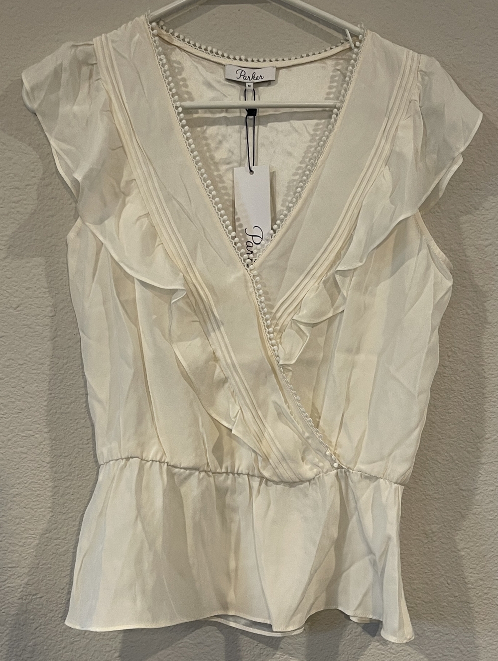 NWT PARKER Vintage Y2K Ivory Silk Embroidered Trim Ruffle Peplum Blouse Size Med